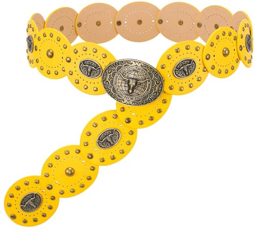 WERFORU Ceinture Large Cowboy en Cuir pour Femme Style Western à Disques Décoratifs,Ceinture Réglable Bohème Femme Grande Taille pour Robe Jeans et Jupes,Jaune Vif