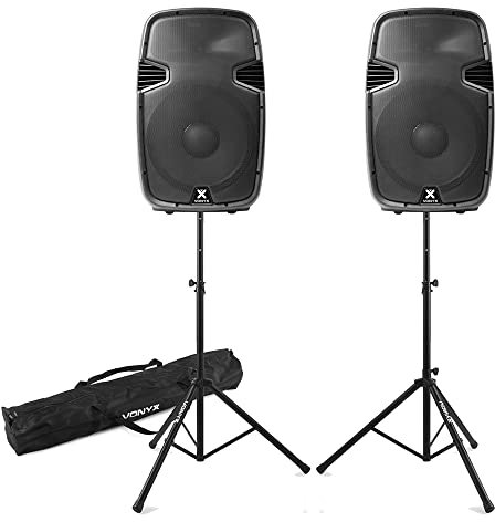 VONYX SPJ-15 Active Bluetooth DJ Speaker System (Pair) with Tripod Stands & Carry Bag - 1600W Powered PA Speakers Set, USB/SD MP3, Wireless Audio for Parties & Events