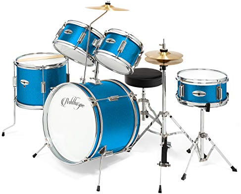 Ashthorpe 5-Piece Complete Junior Drum Set with Genuine Brass Cymbals - Advanced Beginner Kit with 16 Bass, Adjustable Throne, Cymbals, Hi-Hats, Pedals & Drumsticks - Blue