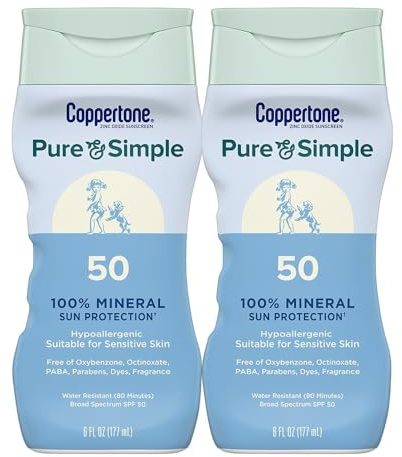 Coppertone Pure and Simple Zinc Oxide Mineral Sunscreen Lotion SPF 50, Body Sunscreen, Water Resistant, Broad Spectrum SPF 50 Sunscreen Pack, 6 Fl Oz Bottle, Pack of 2