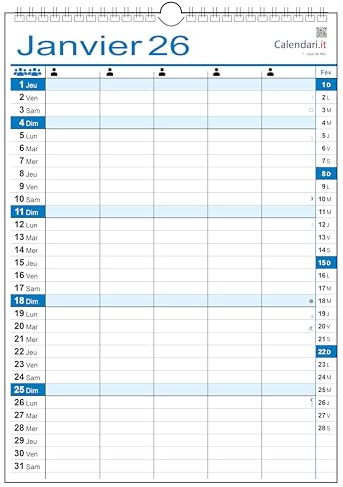 Calendrier 2026 familial mural organisateur familial - 30 x 42 cm - Format A3 (5 colonnes)