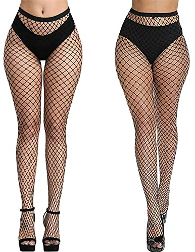 Aomig Fishnet Stockings - Calze a rete, 2 pezzi, elastiche, a vita alta, alla coscia, alla moda, per abbigliamento quotidiano (rete centrale grande)
