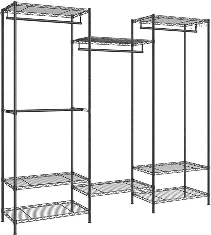 SONGMICS Kleiderständer, offener Kleiderschrank, Garderobe aus Metall, Garderobenständer mit verstellbaren Ablagen und Kleiderstangen, Haken, hochbelastbar, trennbar, tintenschwarz LGR431B01