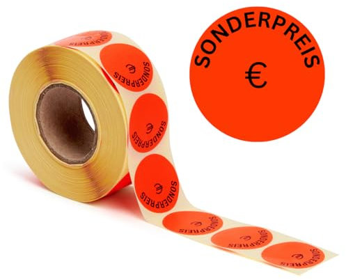 POKORNYS – Aktionsetiketten “Sonderpreis €” I Etiketten für reduzierte Ware I 1.000 selbstklebende Rabattaufkleber in leuchtendem Rot I permanent haftende, runde Klebeetiketten mit Ø 32mm