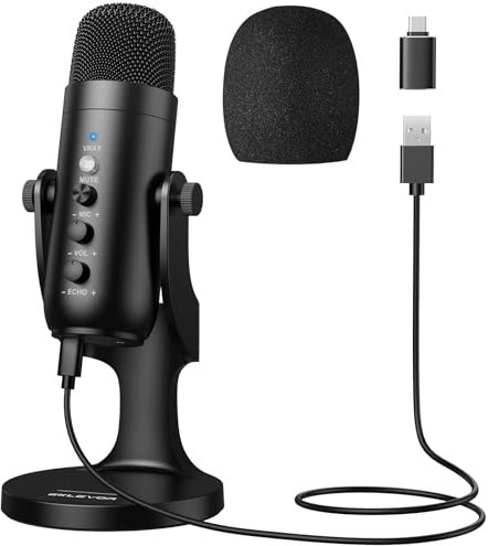 YGiTK Gaming Mikrofon PC 16Bit/48 kHz, Kondensator Mikrofon für iPhone, Handy, PS4, PS5 mit Stumm, USB/Type-C Microphone für Streaming, Podcast, Twitch, YouTube, Kompatibel mit Mac, Windows