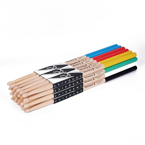 VAISOENY Drum Sticks, Maple 5A Drumsticks with Non-slip Handle, 12 Pairs | Lightweight Maple Drumsticks for Drums. Versatile 5A Size with Non-slip Rubber Grip Specifically for Beginners and Practice