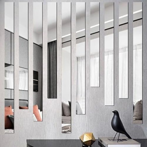 ReachMall 10 adesivi da parete a specchio, strisce lunghe in acrilico, piastrelle a specchio per camera da letto, soggiorno, sala da pranzo, argento, 5 cm x 50 cm x 2 cm