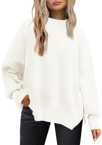 Tincini Women's Jumpers Winter Casual Crew Neck Knitted Sweaters Long Sleeve Loose Pullover with Side Slit Jumper Tops Sweatshirt (Natural White, M)