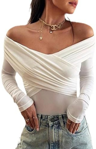 SHEKINI Langarmbody Damen Elegant Schulterfrei Bodies Sexy Oberteil Damen Party Body Tanga Langarm Bodysuits Tops Langärmelig