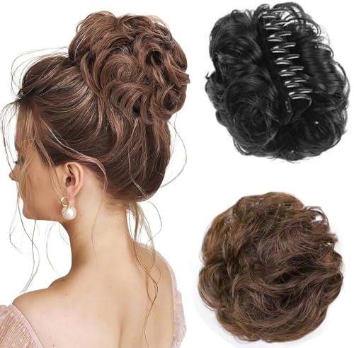 2 Pcs Chignon Naturel Bouclés, Extensions Chouchou Ondulés Cheveux Grande, Postiche Faux pour Cheveux - Noir + Marron Clair