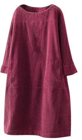 Generisch Robe en velours côtelé rétro et décontractée - Couleur unie - Robe ample en tricot avec col roulé, Brique rouge., M