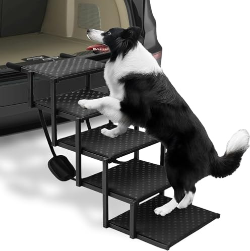 Escalier pour chien pliable à 5 marches - Rampe pour chien jusqu'à 100 kg - Hauteur réglable : 44 à 72 cm - Escalier doux pour les articulations - Antidérapant