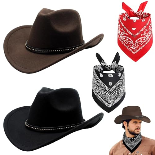 Dandin 4PC Cowboy Hats Black Brown Unisex, Cowboy Hat Women, Felt Western Hats & Bandanas, Texas Texan Western Fancy Dress Costume Accessories for Men, Women, Adults Wild West Party
