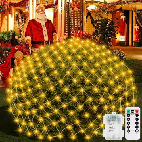 5 x 5Ft Christmas Net Lights Battery Powered 100 LED Bushes Net Lights with Remote Timer Dimmable Outdoor Net Light Waterproof for Xmas Tree Wall Ceiling Outside Decorations(Warm White)