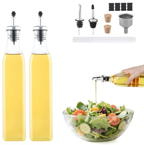 Beylce aceitera antigoteo cristal, 2x500ml aceitera y vinagrera con tapón antimanchas, etiqueta, corcho, rotulador de pizarra, embudo de acero inoxidable para cocina y barbacoa