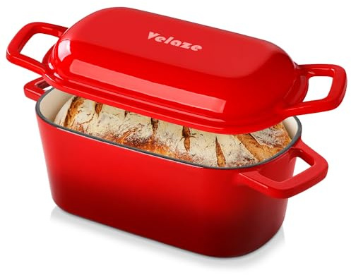 Velaze Olla de Hierro Fundido para Pan 3.4L - Cacerola Holandesa Rectangular 27x15 cm con Tapa, Interior Cremoso Antiadherente - Adecuada para Inducción (Rojo)