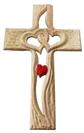 Croce in legno fatta a mano con cuori intrecciati, cuori intrecciati a mano, grande croce in legno, decorazione da parete a forma di cuore e croce, per casa e matrimonio (D)