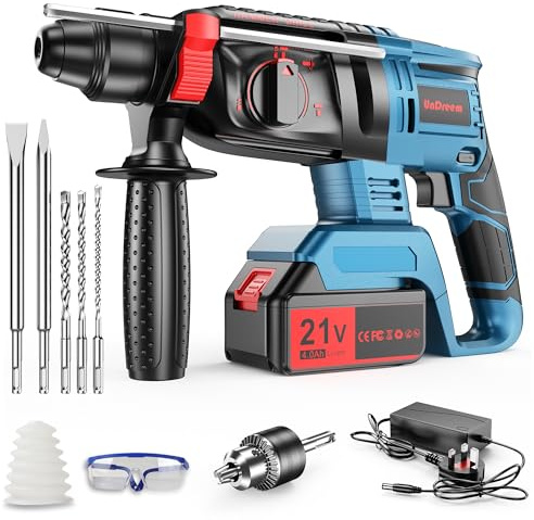 Martello Perforatore a Batteria, Martello Tassellatore a Batteria, Martello Demolitore Batterie 21V 4Ah, 4 in 1 Funzione, Adattatore SDS-plus con Mandrino, 3 Punte, 2 Scalpelli