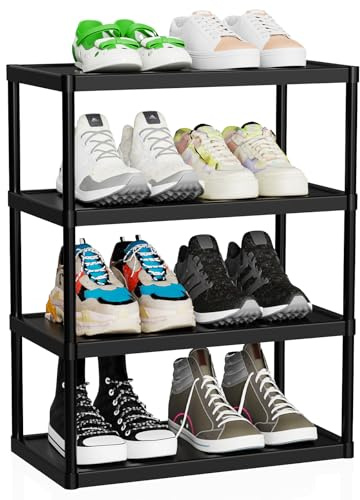 SZSHYNJ 4 Tier Double Row Small Shoe Rack, Slim Plastic Shoes Stand
