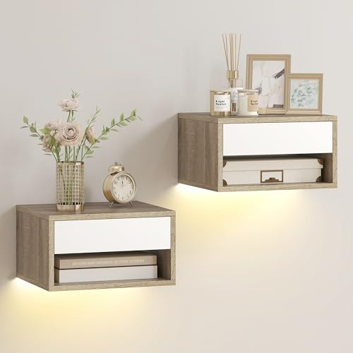 HOMCOM Lot de 2 Tables de Chevet Suspendues Éclairage LED RGB Bois de Teck