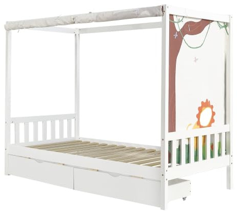 Merax 3FT Single Wooden Bed Frame, with 2 Storage Drawers & Decorative green Curtains, for Kids Teenagers, Solid Pine Wood Bed Frame, White-90 x 190 cm