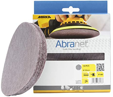 Mirka Abranet sliprondell Ø 150mm kardborre Korn P180 10 st | Dammfri slipning av trä spackel lack och plast med högpresterande slipskivor och kardborreband för enkel montering