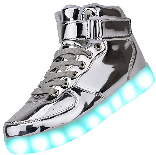 PADGENE Chaussures de Sport Montantes à LED Clignotantes Femme/Homme Rechargeables par USB (LG Argent, 37 EU)