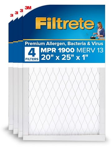 Filtrete 20x25x1 AC Furnace Air Filter, MERV 13, MPR 1900, Premium Allergen, Bacteria & Virus Filter, 3-Month Pleated 1-Inch Electrostatic Air Cleaning Filter, 4-Pack (Actual Size 19.69x24.69x0.78 in)