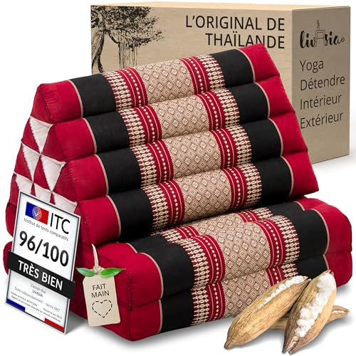 livasia Thai cushion with 2 seat rests - 47x20x3.1″ - Triangle cushion with seat cushion, Wedge cushion, kapok, Back support cushion, folding, Thai mat, folding, Hand made (Red/Black)