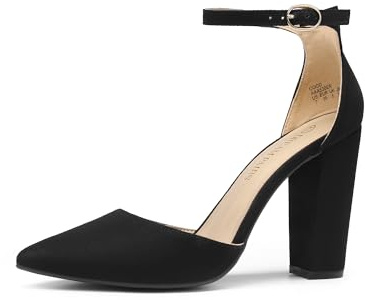 DREAM PAIRS Women's Coco High Heels Chunky Block Pumps Pointed Closed Toe Ankle Strap Dress Shoes,Size 9,Black/Suede,Coco