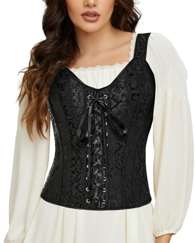 SLIMBELLE Korsett för kvinnor vintage gotisk bustier brudunderkläder snörning topp dragkedja med axelremmar och G-string beige svart, Svart, L