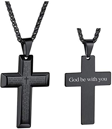FindChic Pendentif Croix pour Homme Noir Bible Graver Collier Enfant Garcon Chaine Religieuse Cadeau Copain Mari Papa Chaines 55 cm Ajustable
