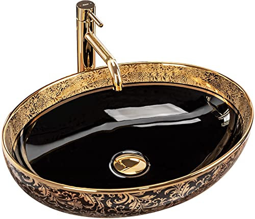 Rea Waschbecken Waschtisch Aufsatzwaschbecken Keramik Handwaschbecken Aufsatz Waschschale Gold Schwarz Rund 40x52
