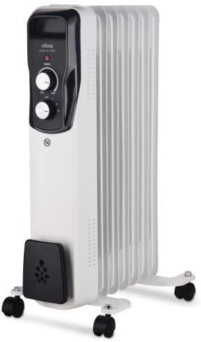 Ufesa Antares 1500 – Radiateur à bain d'huile 1500 W, 7 éléments, thermostat réglable, poignée et roulettes, radiateur électrique basse consommation, blanc