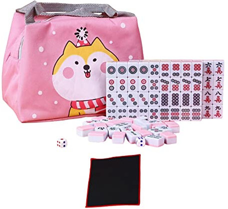 Colcolo Antikes chinesisches Mahjong-Set mit Handtasche mit 144 Spielsteinen, Würfel, leichtes Reise-Mahjong-Set für Reisen, Party, Familie, Freizeit, ROSA