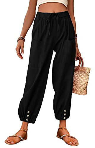 ORANDESIGNE Femme Pantalon Coton Lin Été Harem Pantalon Sarouel Léger Cordon Élastique Solide Couleur Pantacourt Sport Pants pour Pilate Hippie Yoga Fitness Danse A Noir M