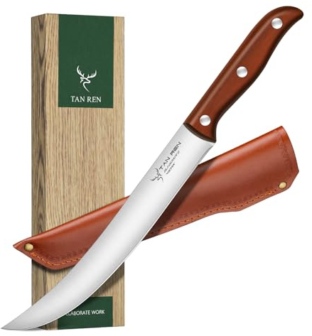 TAN REN Butcher Breaking Knife 8 Inch, Stainless Steel for Meat Cutting, Brisket Trimming With Sheath, Ergonomic Wooden Handle, Carving
