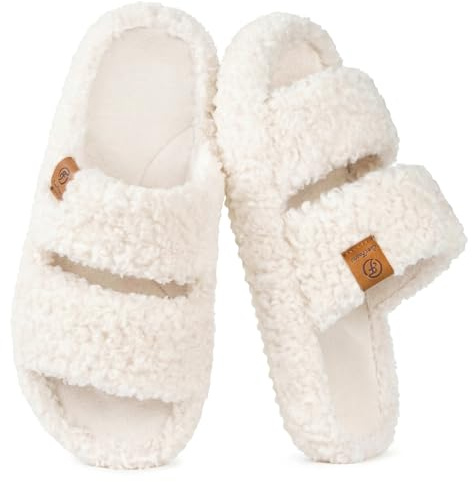 EverFoams Womens Fuzzy Open-toe Slippers Soft Comfy Memory Foam Indoor House Shoes Vanilla Ice,7-8 US