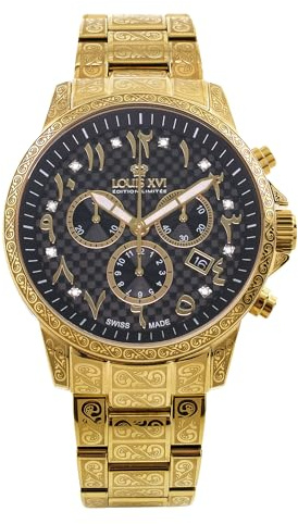 LOUIS XVI Palais Royale - Ø 43 mm - Montre pour homme - Étanche - Avec verre saphir - Or argenté - Cadran chiffres arabes - Mouvement à quartz suisse, or, Bracelet
