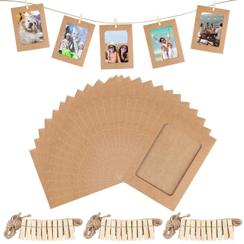 30 Cornici di Carta per Foto DIY, Cornice Portafoto in Kraft, 15,2 x 11,5 cm, Portafoto de Parete con Clip di Legno e Corda di Canapa per Matrimonio e Feste