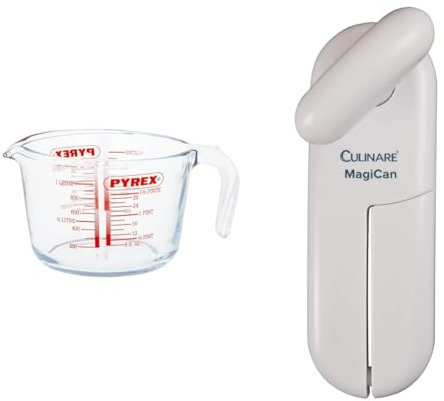 Pyrex Glass Measuring Jug, Transparent, 1 Litre & Culinare C10015 MagiCan Tin Opener, White, Plastic/Stainless Steel, Manual Can Opener, Comfortable Handle for Safety and Ease