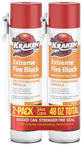 Kraken Bond Extreme Orange Fire Block Foam - (2x24oz) Fire Rated Polyurethane Spray for Gap Filling, Sealing on Windows, Walls, Joints & Pipes, Straw Use High Expansion Fire Proof Foam - 2 Pack