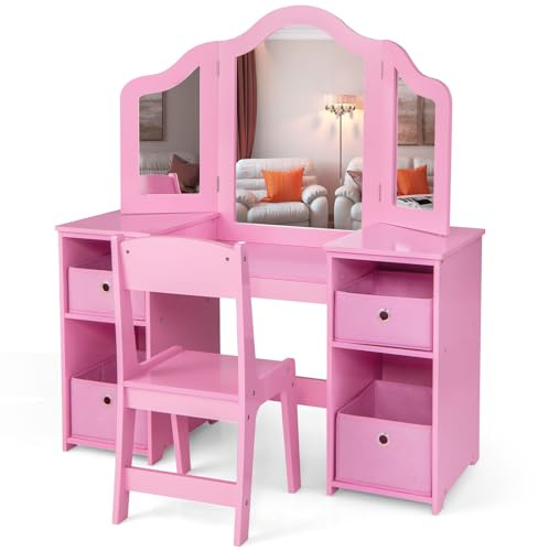 LIFEZEAL Barnsminkbord för flickor med spegel och hyllor, sminkbord i trä med stol och 4 fack, vikbara och avtagbara speglar, 100 kg belastning, 2-i-1 design (rosa)