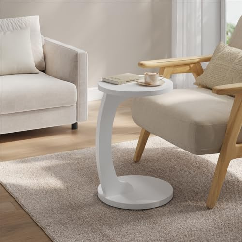 WOLTU Tavolino Laterale da Divano a Forma di C, Tavolino con Piano Rotondo, Tavolino da Salotto in MDF, Tavolo da Caffè Tavolino Piccolo per Soggiorno, Camera da Letto, 38x55cm, Bianco, BTS20ws