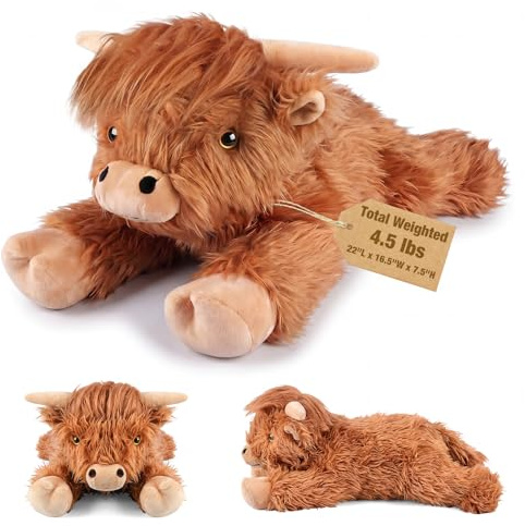 56 cm och 2 kg Highland Cow viktat gosedjur, gosiga och mjuka plyschleksakskuddar för barn, för följeslagare, stora plyschleksaker med avtagbar keramikväska, gåvor för vuxna, barn, pojkar och flickor