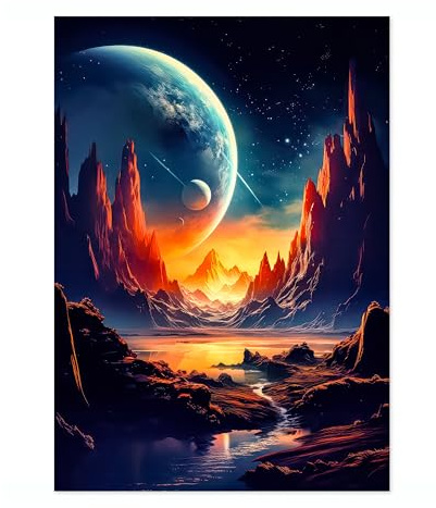 Space Valley Space Poster, Colourful Abstract Astronomy Wall Art Home Decor, Astronaut Planets Print, Archival Matte, A1 (Print Only) - 84.1x59.4cm