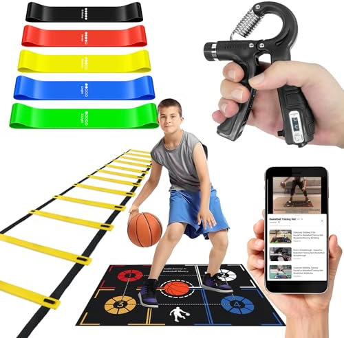 HouzeFun Basketball Training Equipment, Agility Footwork Training Mat, Dribble Trainer, Basketball Practice Aids to Improve Speed, Strength and Coordination (42*29 Basketball Training Mat, Agility ladder, Grip Strengthener, Resistance Bands)