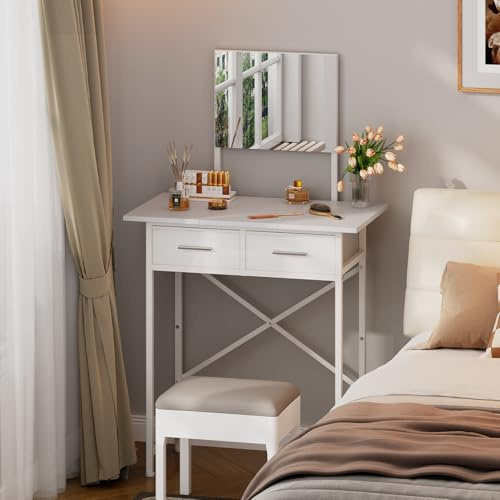 Jakyitvi 28.4 W Small Vanity with Mirror, Mini Vanity Desk with 2 Fabric Storage Drawers, Compact Makeup Vanity Table, Kids Vanity for Girls, Bedroom & Small Spaces, White