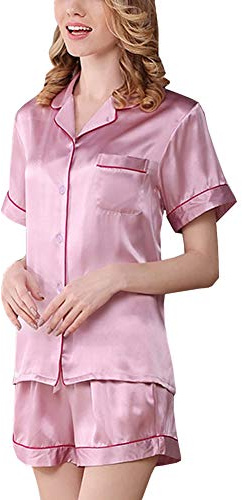 FIVEBEE Ensemble Pyjama Femme 100% Soie Court col Revers,EU 36-40 | Passepoil contrastant, poche poitrine, boutonnage, bas court, coupe spacieuse, fini lisse, pour nuit