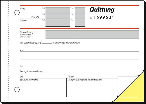 SIGEL SD121 Quittung, mit fortlfd. Nummerierung, 1. u. 2. Blatt bedruckt, mit Sicherheitsdruck, A6 quer, 5 Stück á 2 x 50 Blatt, selbstdurchschreibend
